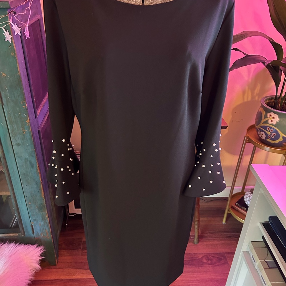 Karl Lagerfeld Black Dress with Pearl Sleeve Details